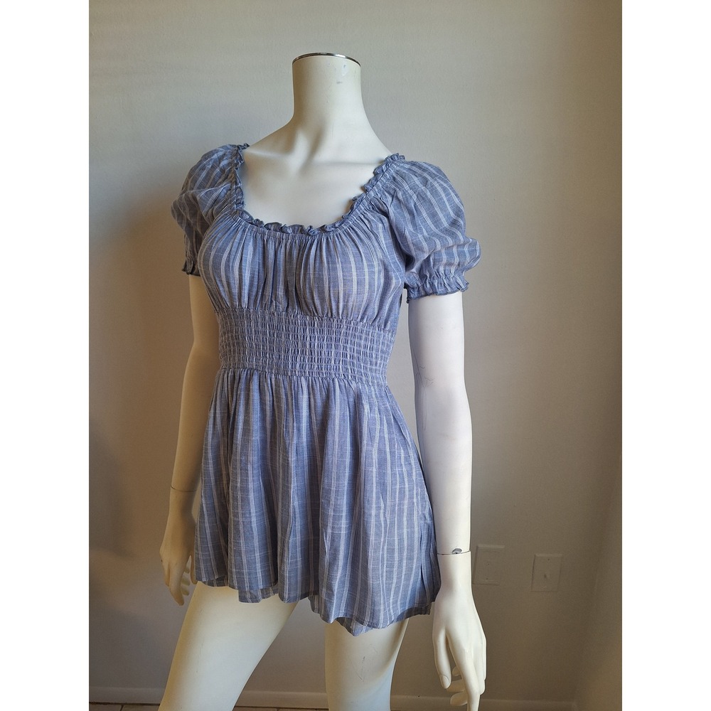 Indulge Blue White Striped Smocked‎ Romper Puff Sleeve Cottagecore Small NEW - Picture 2 of 7
